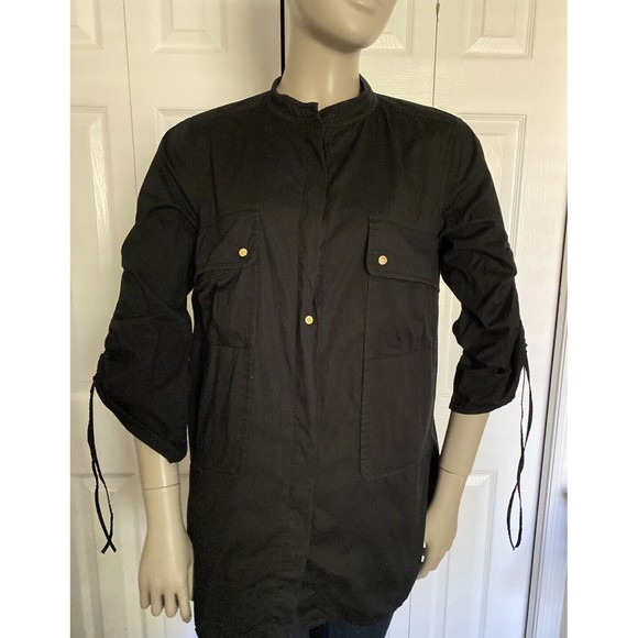 TORY BURCH BLACK COTTON MOCK COLLAR 3/4 SLEEVE BLOUSE SIZE 4-POCKETS - Picture 4 of 13